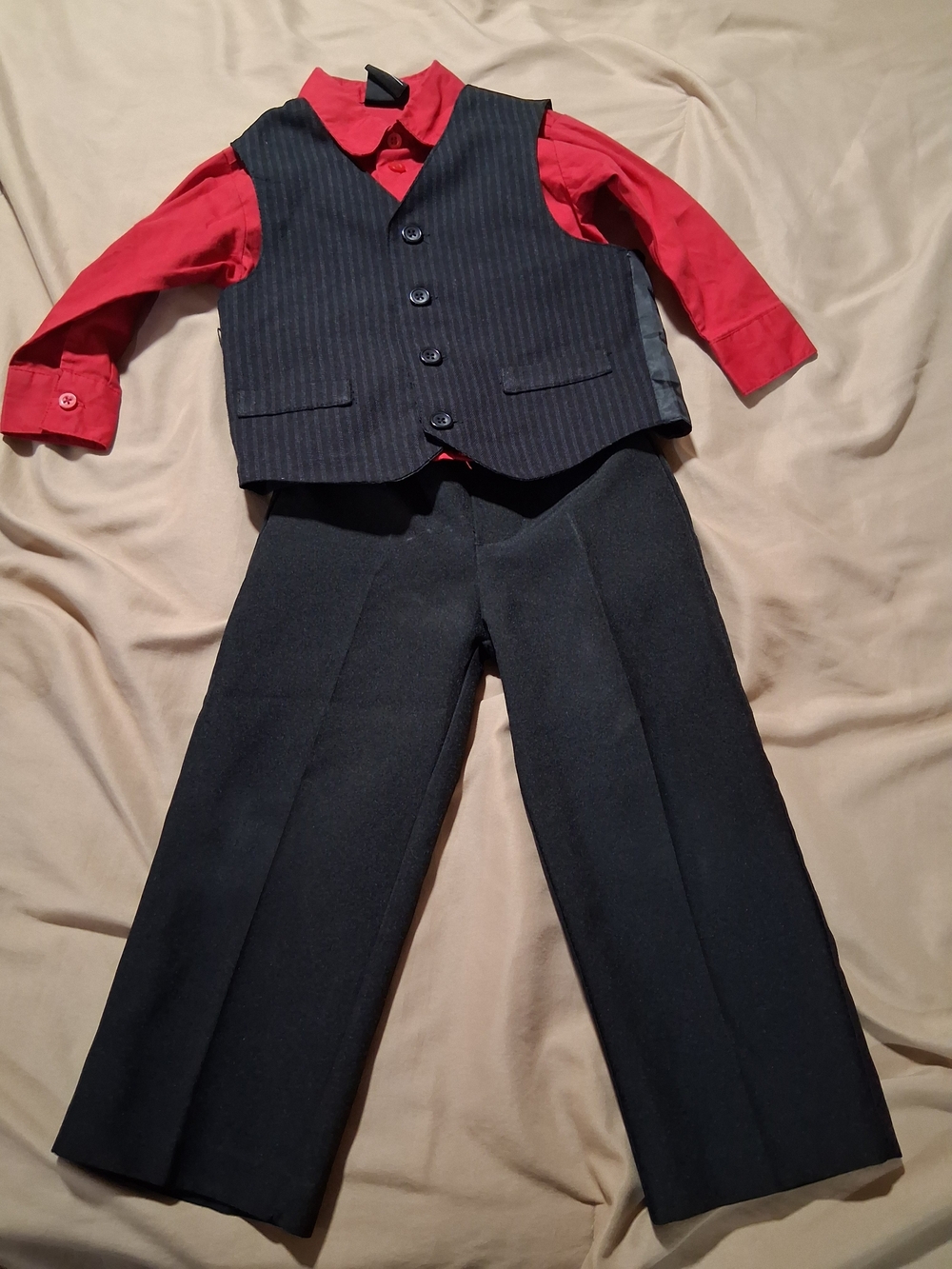 TFW Boys 2pc Outfit Formal Black Suit Pinstripe Vest Red Shirt Matching Set 2T